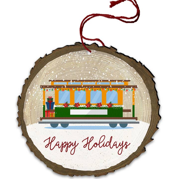 Trolley "Frohe Feiertage" Vintage Holzscheiben-Ornament für den Großhandel von Nelson Gifts Wholesale