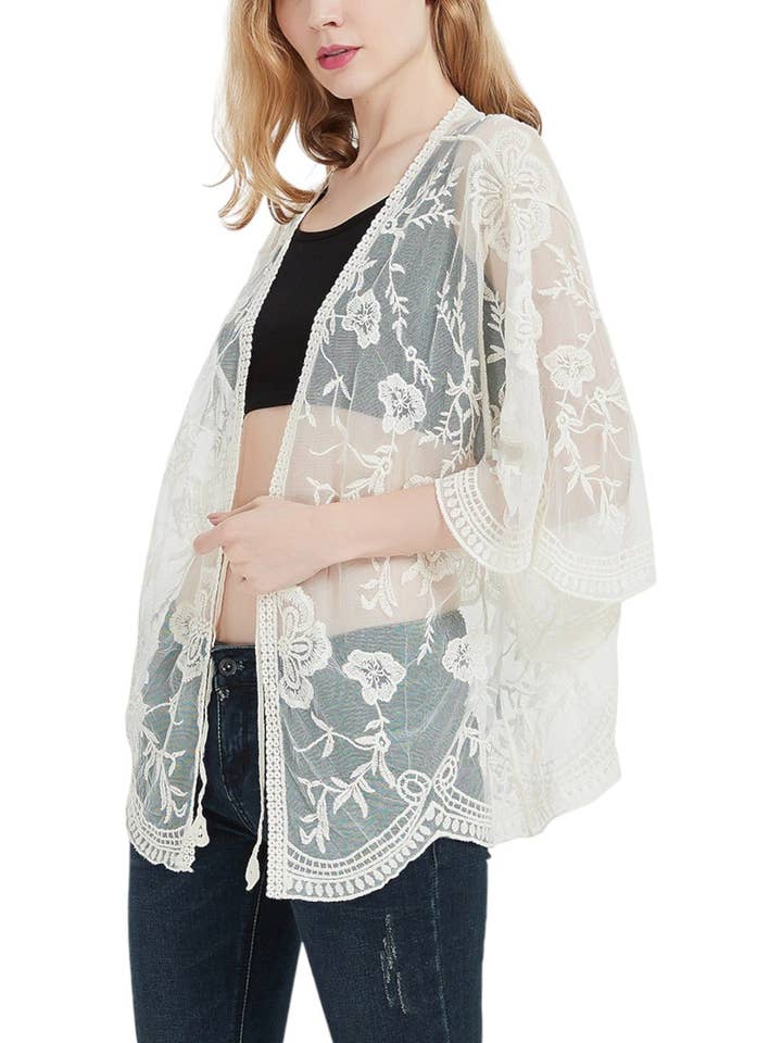 Short Embroidered Lace Duster Crop Cardigan Half Sleeves for wholesale by Anna Kaci Wholesale