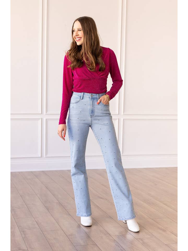 Denim Light Wash Straight Leg Jean with Studs for wholesale on Faire