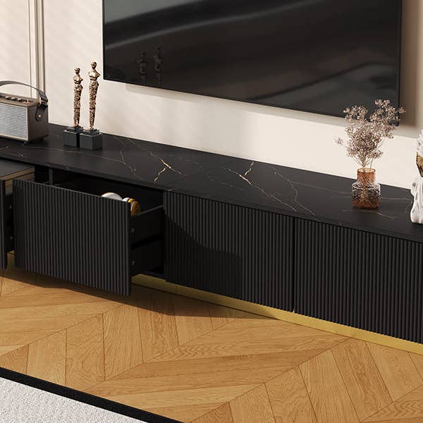 HOMYCASA DESIGN INC - Wholesale Console Table - ON-TREND Luxury Fluted TV Stand for TVs Up to 85', Faux Marble Tabletop Media Console with 4 Drawers, Curved Profile Design, Modern Entertainment Center with Gold Base for Living Room, Black13
