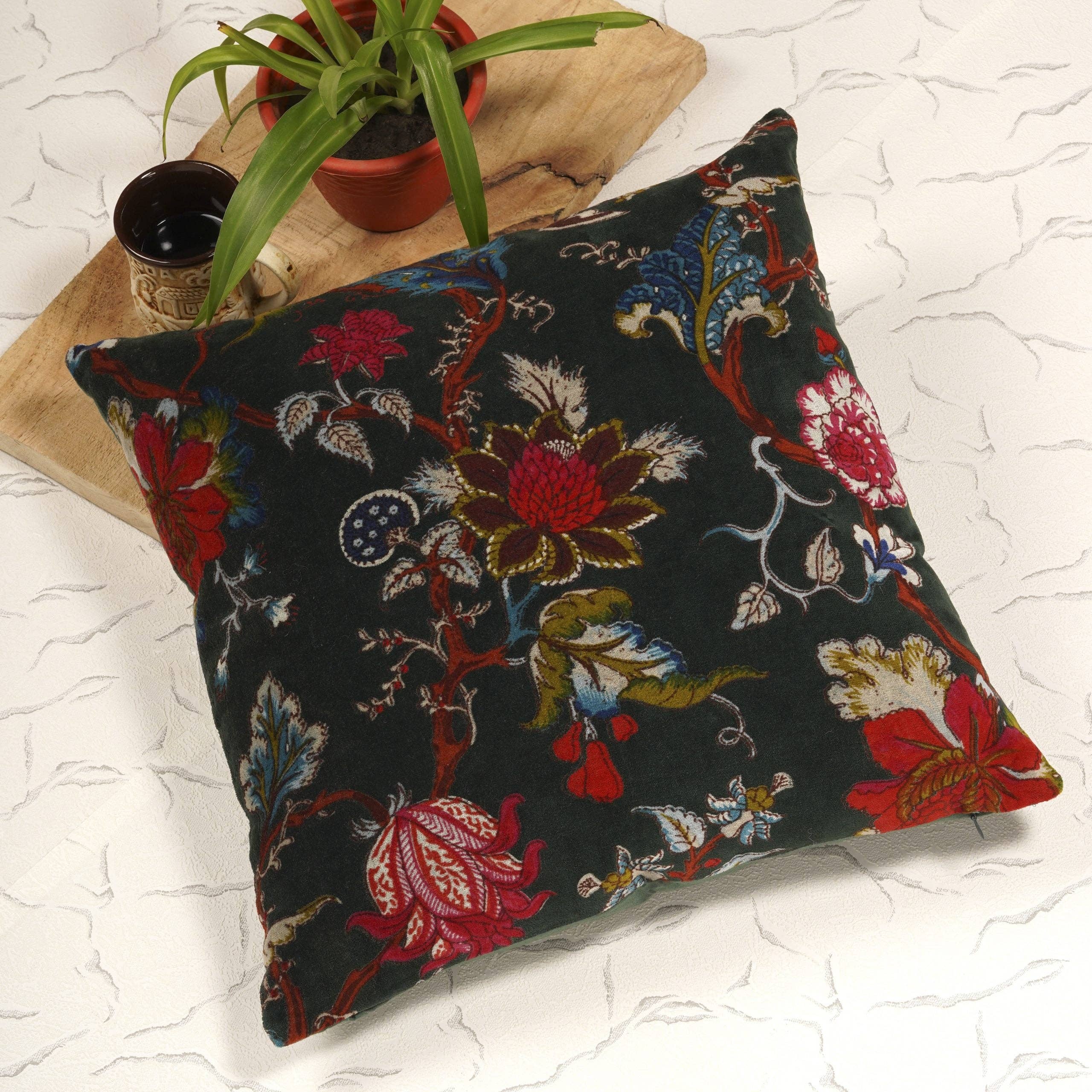 Glamthread - Wholesale Throw pillow cover - 'Vibrant Vintage Blooms' 100% Cotton Velvet Cushion Cover0