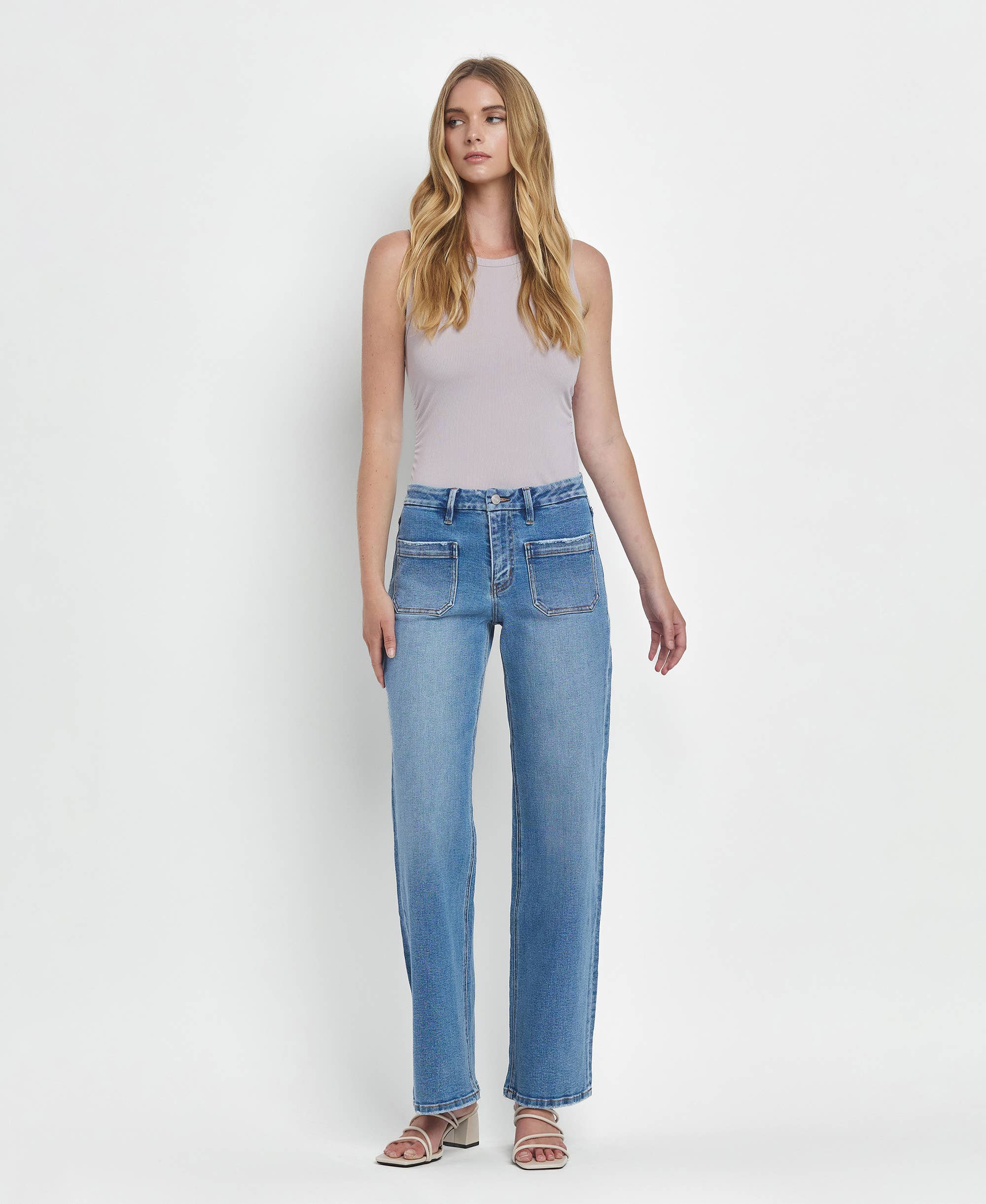 FILANTROPISCH HOGE TAILLE PATCH ZAK WIJDE PIJPEN JEANS LV1479 voor groothandel op Faire12