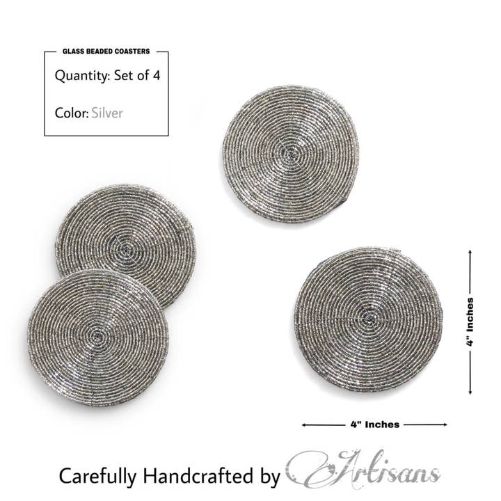 Silver Two Tone Glass Beaded Coaster in Silver, Set of 4 for wholesale on Faire4