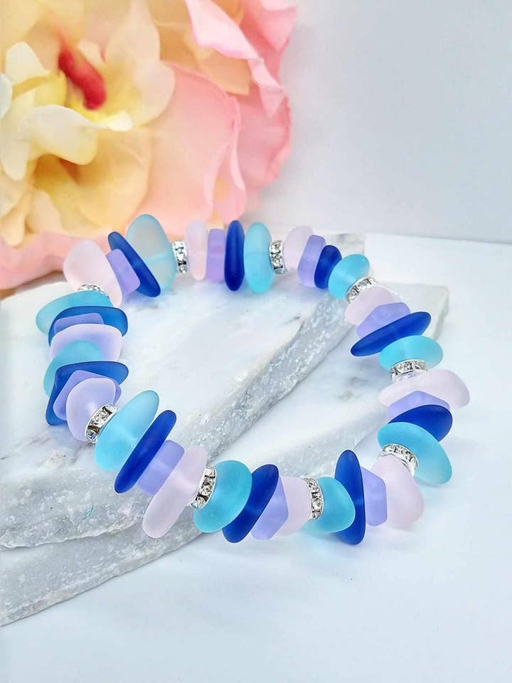 Handmade Sea Glass Stretch Bracelet: Sterling Silver Crystal for wholesale by Bad Apple Designs