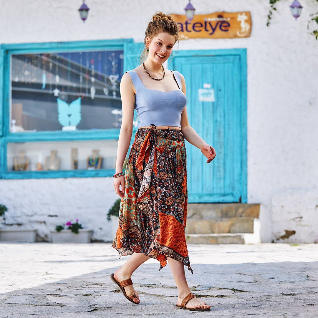 Los Banditos - Wholesale Skirt - Women's - Brown Print Asymmetrical Hem Flowy Midi Skirt2