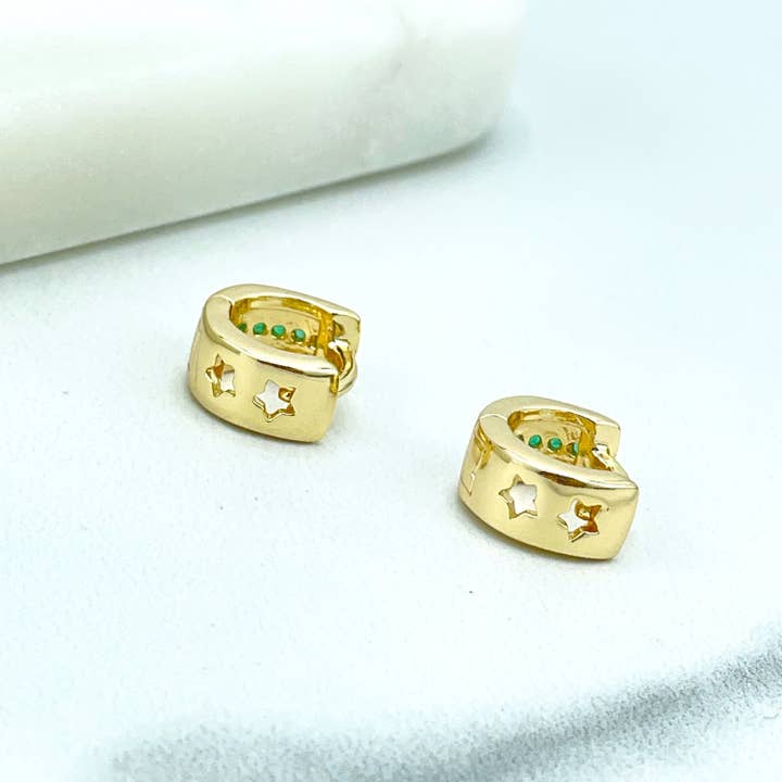 DIJU Jewelry - Wholesale Huggie Earrings - 18k Gold Filled Green Micro Cubic Zirconia Details with Back Cutout Stars Huggie Hoop Earrings, Wholesale Jewelry Making Supplies3