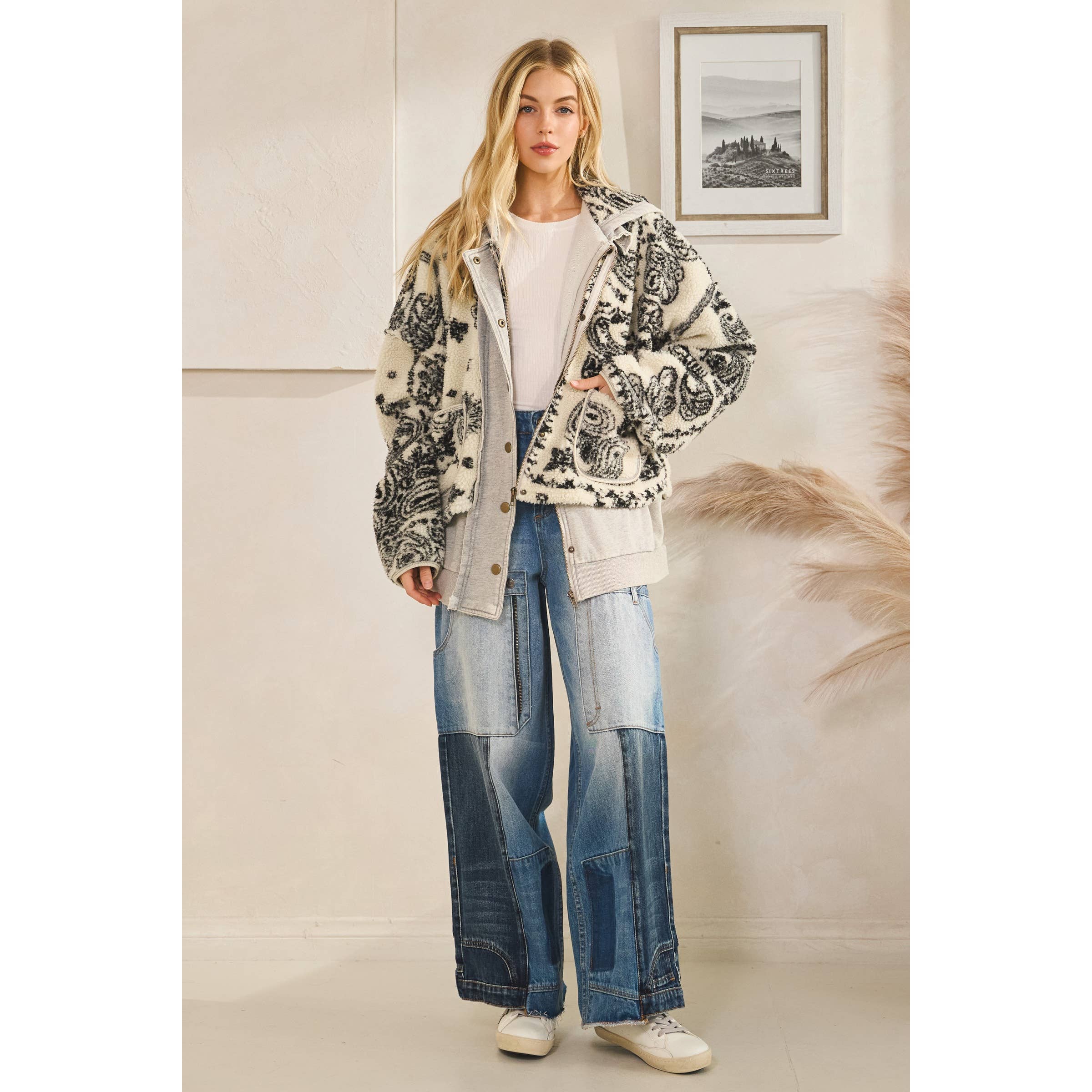 GREY CREAM TERRY FLEECE MIX ZIP FRONT JACKET for wholesale on Faire7