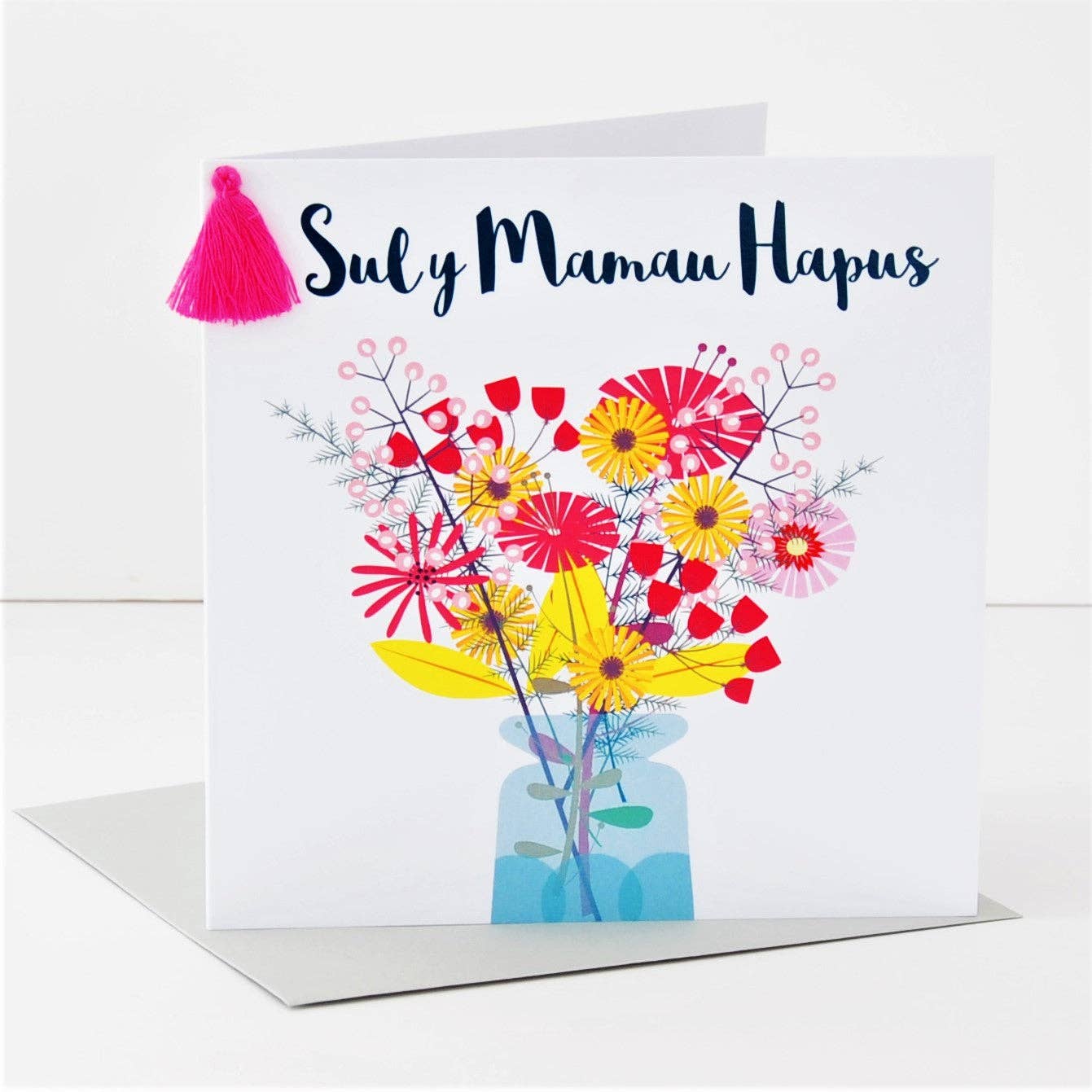 Claire Giles Ltd – Großhandel Muttertagskarten – Walisische Muttertagskarte, Sul y Mamau Hapus, Blumenstrauß, Quaste verziert2