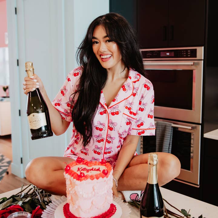 Light Pink Cherry Bow Repeat Wholesale Valentine's Cotton Pajamas for wholesale on Faire3