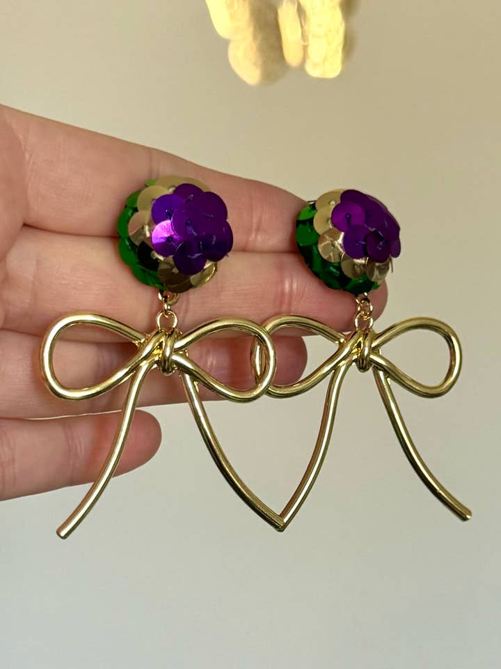 Mardi Gras New Orleans Sequin Top Bow Gold Earrings for wholesale by Louie Love