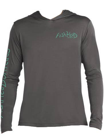 Men's Long-Sleeve Dry-fit Hoodie (Graphite with Snook) for wholesale by FishHead Threads, Inc.