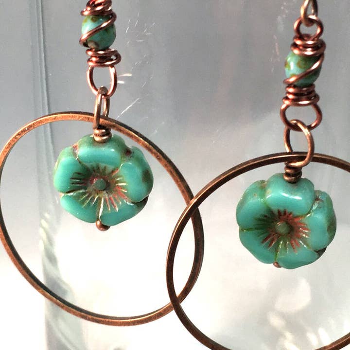 Turquoise Desert Flower Copper Hoop Earring for wholesale by Casa Kira