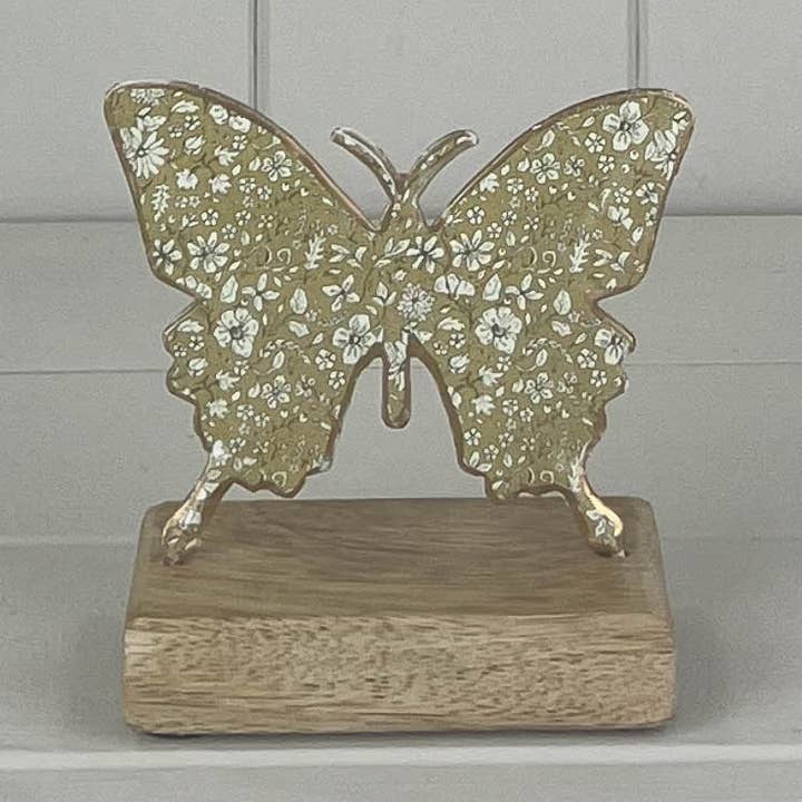 Hellgrüner Metall-Schmetterling auf Holzsockel für den Großhandel von Satchville