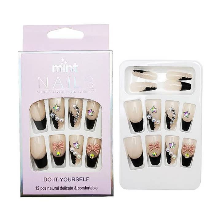 Unhas postiças médias com arte de caixão e strass por atacado de Atlas Fashion