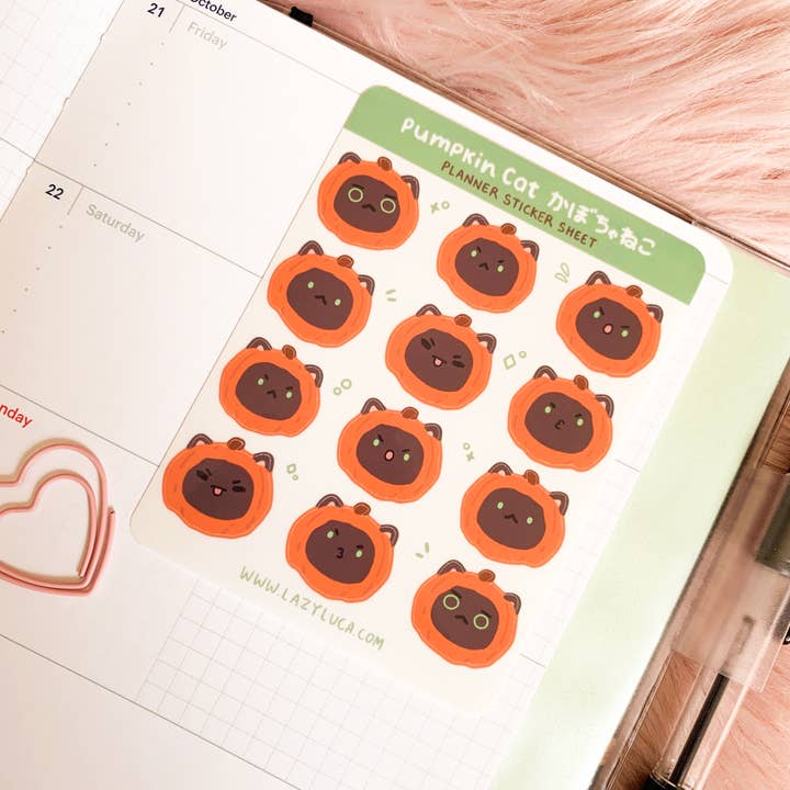 Black Pumpkin Cat Planner Sticker Sheet for wholesale by Lazy Luca