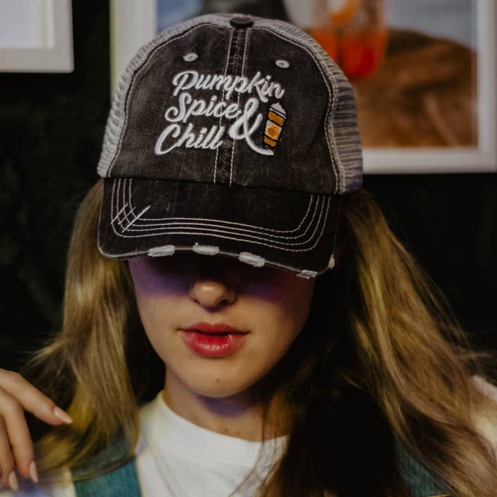 Pumpkin Spice and Chill Trucker Hat for wholesale by Katydid