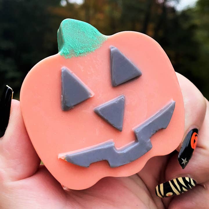 Set Of 3 Little Pumpkin Soaps, Happy, Grumpy and Silly Faces for wholesale by Bubble Bee Soapery