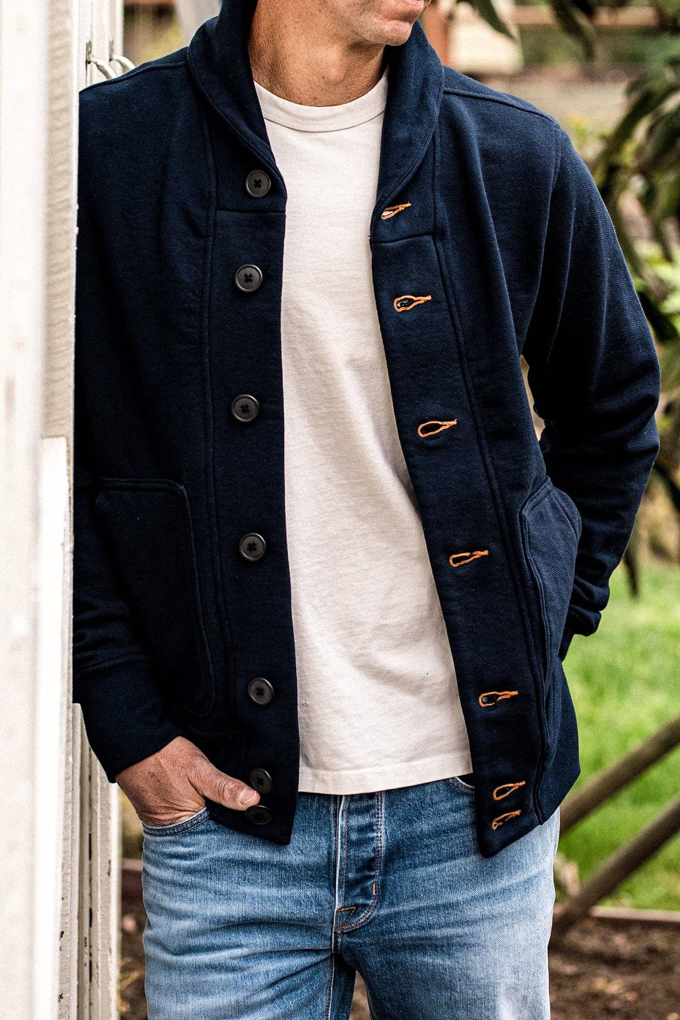 Men's Bodega Shawl Cardigan | 14oz 100% Cotton French Terry - Navy for wholesale on Faire10