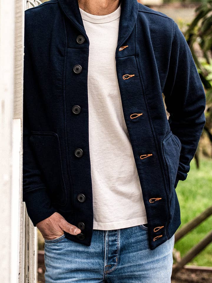 Men's Bodega Shawl Cardigan | 14oz 100% Cotton French Terry - Navy for wholesale on Faire10