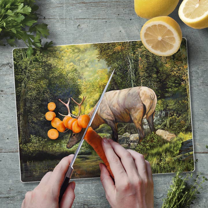 CounterArt/Highland Home/Thirstystone/CoasterStone - Wholesale Cutting Board - "Tranquil Elk" 3mm Heat Tolerant Glass Cutting Board 10" x 82