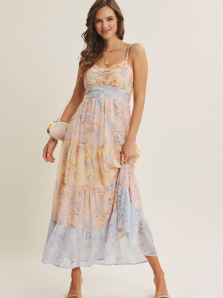 GARDEN PARTY PASTEL FLORAL COLORBLOCK SMOCKED MAXI DRESS for wholesale by in february