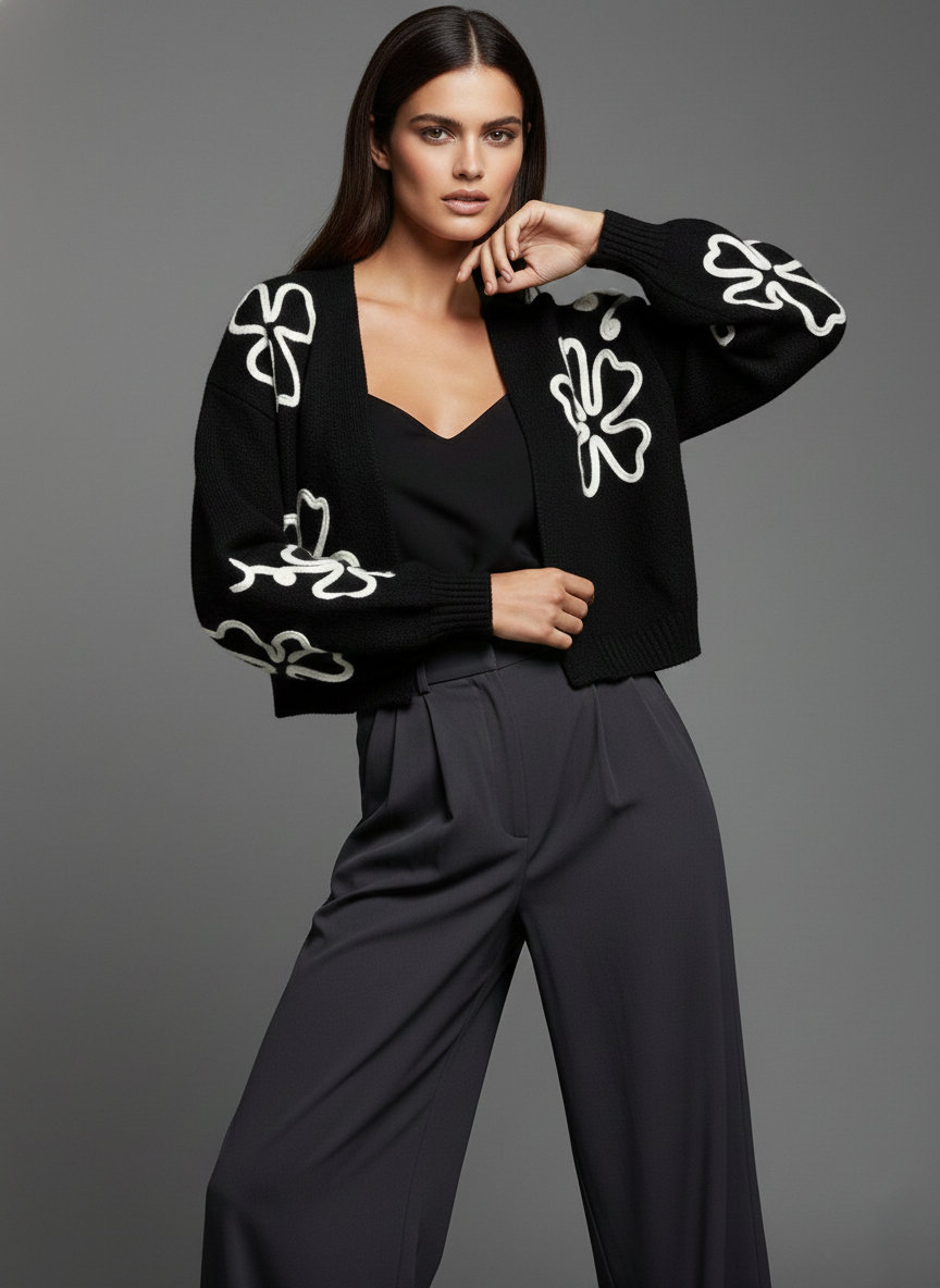 SAACHI – Engroshandel Cardigan - Dame – Beskåret Blomstret Squiggle Cardigan1