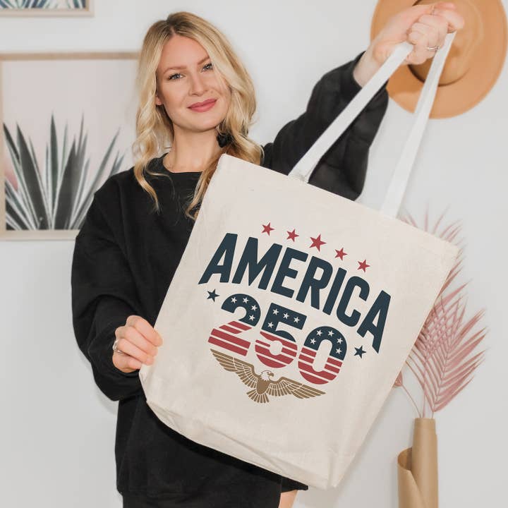 Stars and Stripes America 250 Canvas Tote Bag for wholesale by God And Glory Gifts