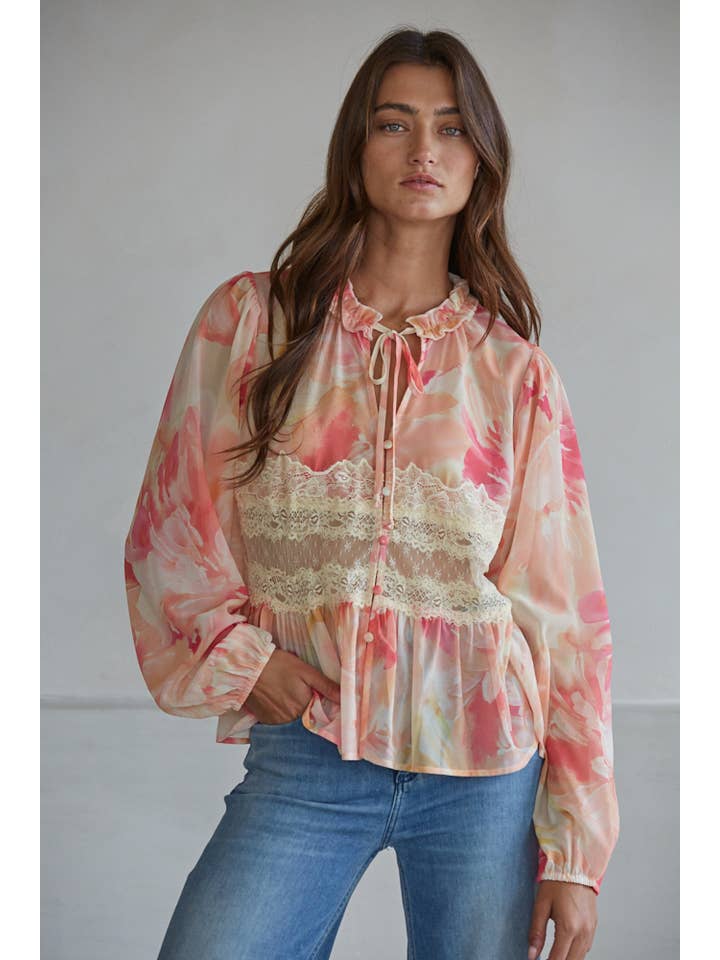 Coral Multi L9791 | Woven Polyester Floral Print Button Down Top for wholesale on Faire