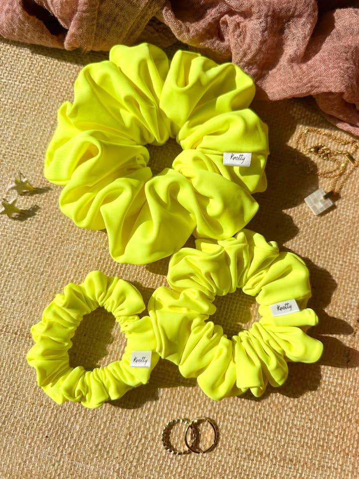 Neon Yellow Activewear Scrunchies for wholesale by Knotty But Sweet