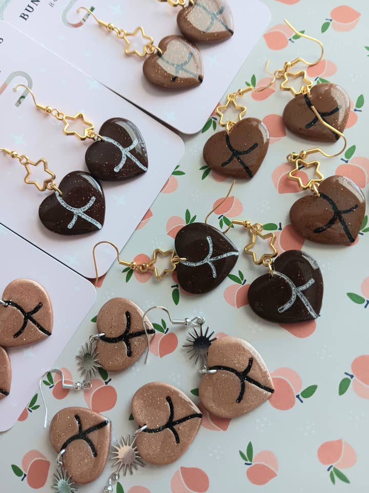 Glitter heart booty polymer clay earrings for wholesale by Bunnie Sparkles