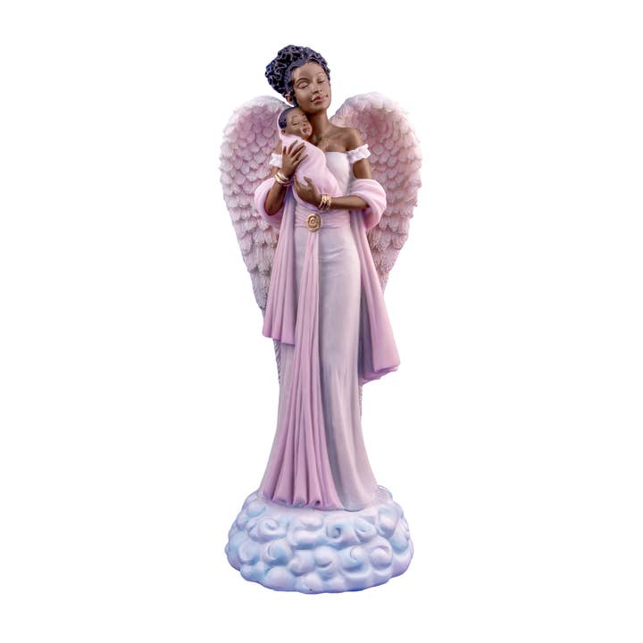 16257: African American Angel holding Baby Girl, 10"H for wholesale by Positive Image Gifts