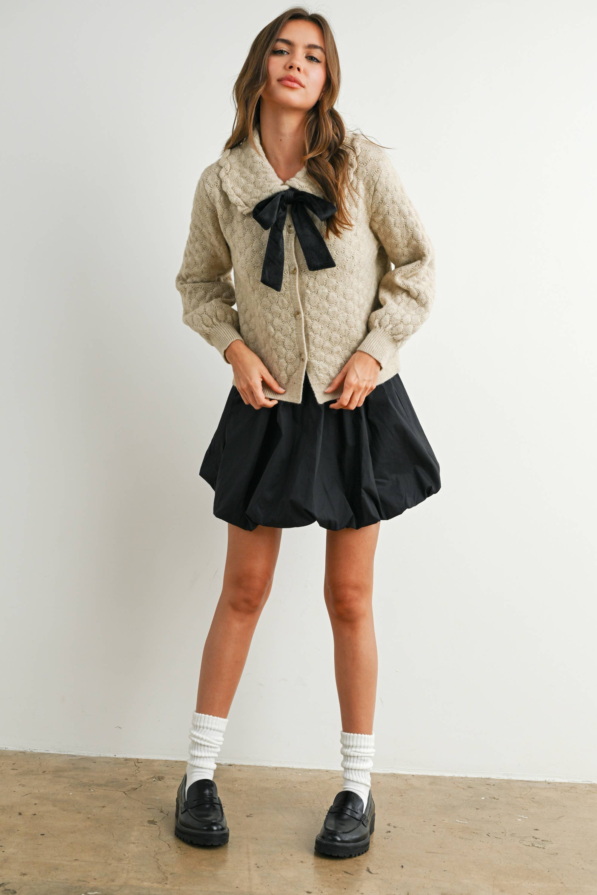 BUTTERMELON - Wholesale Cardigan - Women's - Button-Up Bow Front Collared Long Sleeve Top - BMC777632
