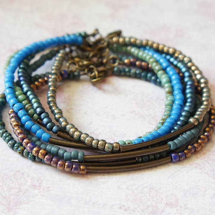 Sentimento - Vente Bracelet de perles - Bracelet en perles de rocaille turquoise et bleues et barre en bronze3
