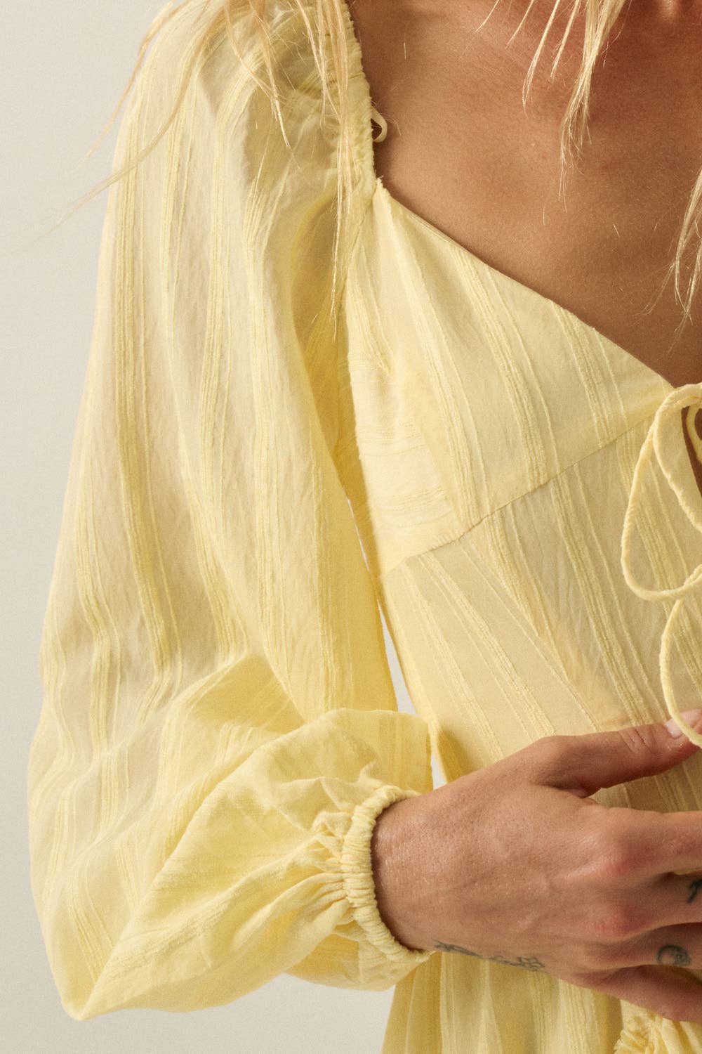 Promesa USA - Wholesale Romper - Women's - Textured Tonal-Stripe Ruffled Tie-Front Romper10