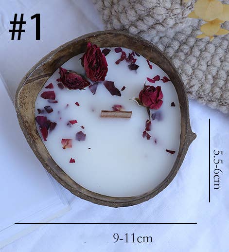Candles Meta - Vente Bougie en bocal - Bougie Parfumée Décor de Fête avec Fleurs Séchées dans un Bol en Noix de Coco CM0640