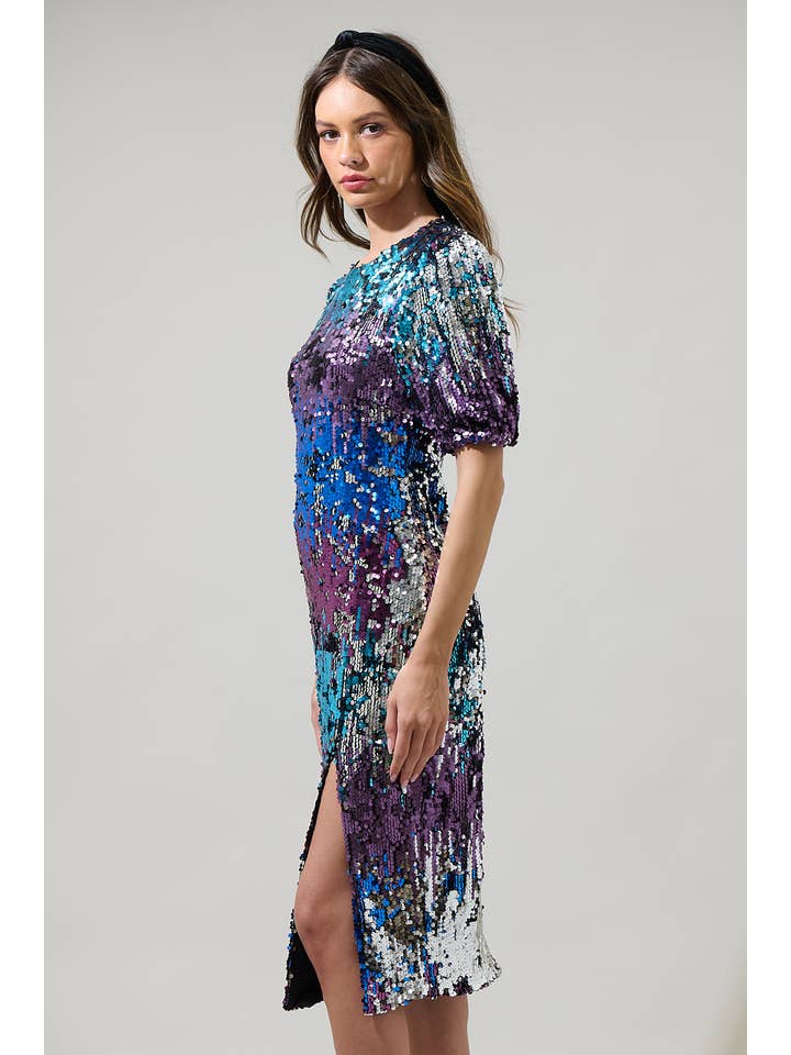 Multi Navette Short Sleeve Sequin Midi Dress for wholesale on Faire2