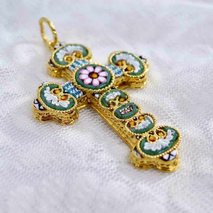 Via Graceffo - Wholesale Pendant/Charm Necklace - Florentine Glass Mosaic Cross Pendant, Crafted In Italy