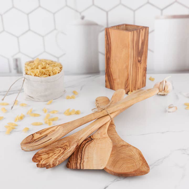 Krafts GmbH Olive Wood - Vente Assortiment d'ustensiles de cuisine - Set de 5 ustensiles de cuisine en bois d'olivier avec support2