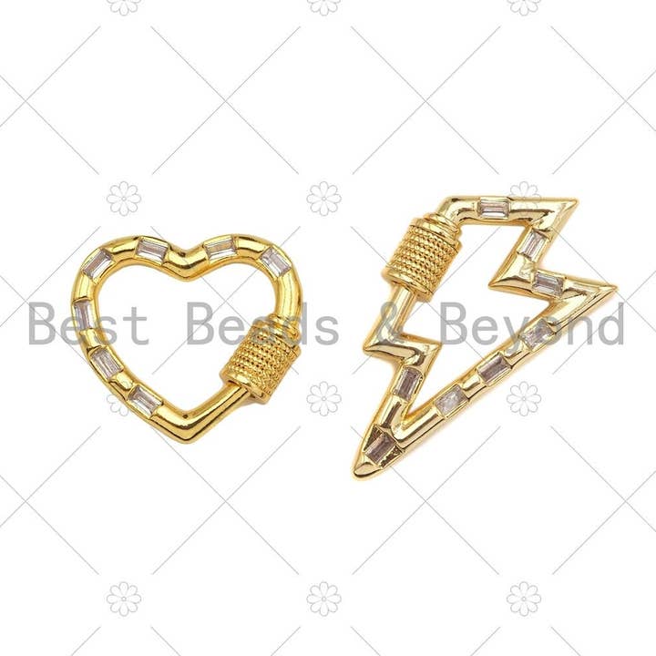 CZ Micro Pave String Heart/Lighting Shape Clasp, CZ Pave Clasp, 18K Gold Carabiner Clasp, 20x18/18x32mm, Sku#FH170 for wholesale by BestBeads&Beyond