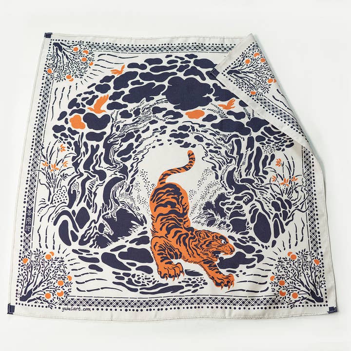 100% Silk Scarf-Tiger-White-Asian Style for wholesale by Yuke Li Studio