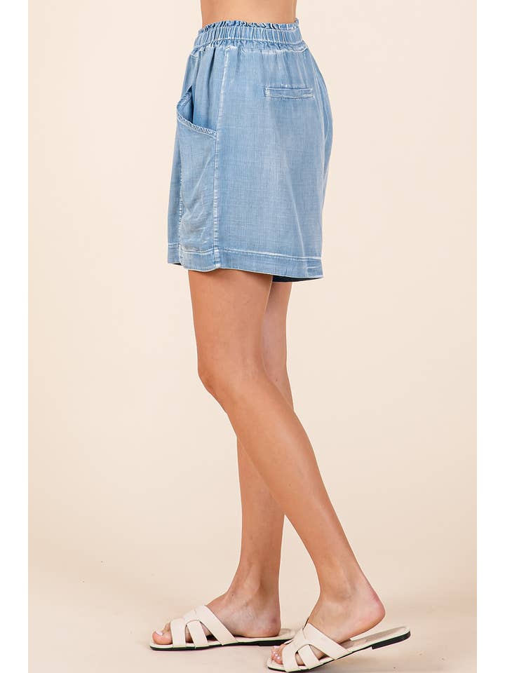 mittoshop - Wholesale Shorts - Women's - WASHED CHAMBRAY ELASTIC WAIST EASY FIT SHORTS