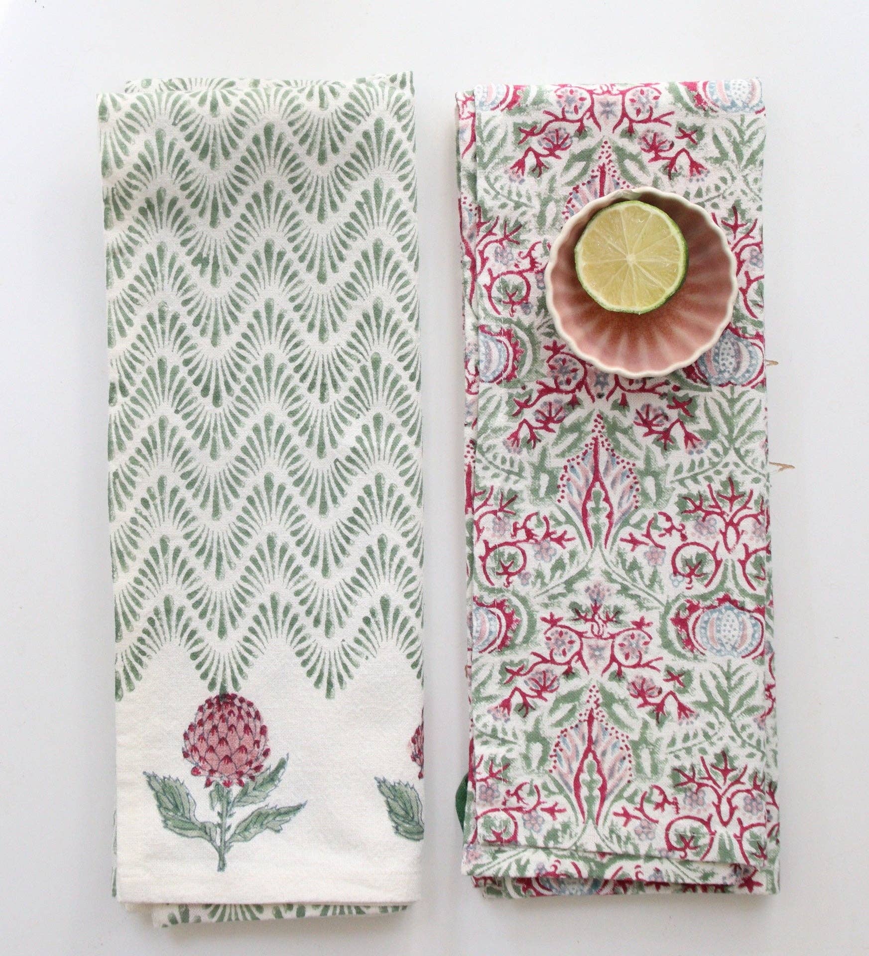 Rozablue - Wholesale Tea Towel - Handblockprinted Dishcloth | Waves Artichoke green1