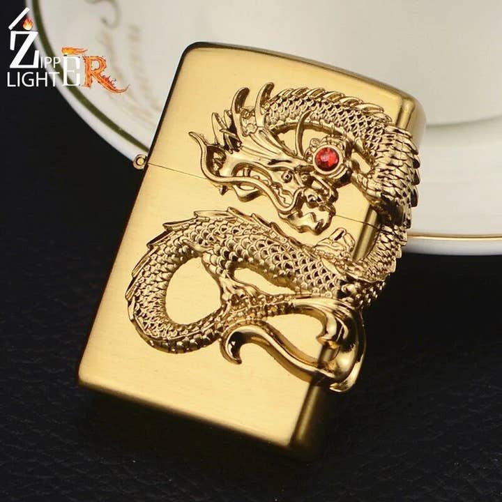 Lighter King - Wholesale Lighter - Fancy Amazing Golden Jeweled Dragon Emblem Case Lighter