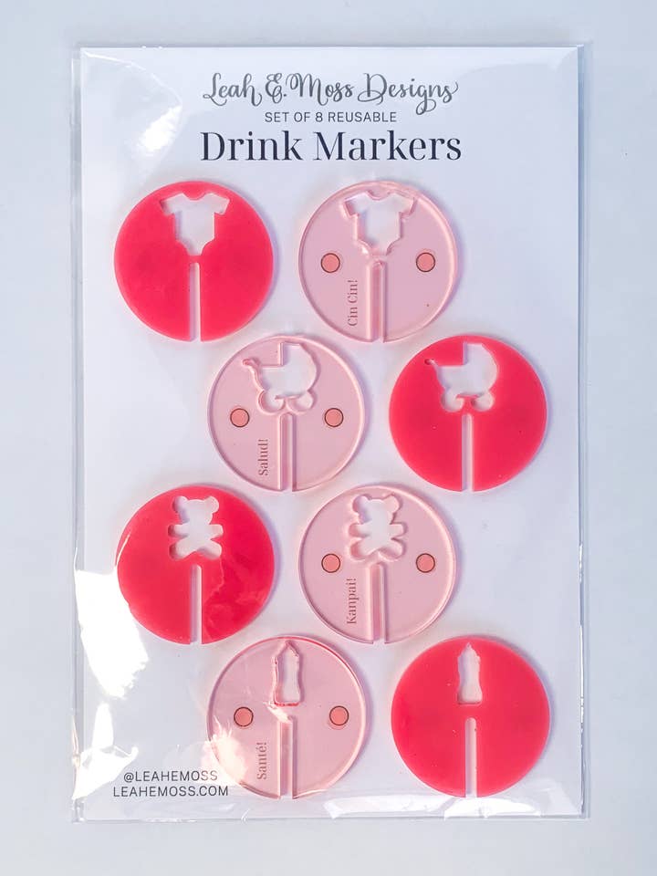 Pennarelli rosa per bambini, ciondoli per bevande per baby shower per la vendita all'ingrosso da parte di Leah E. Moss Designs
