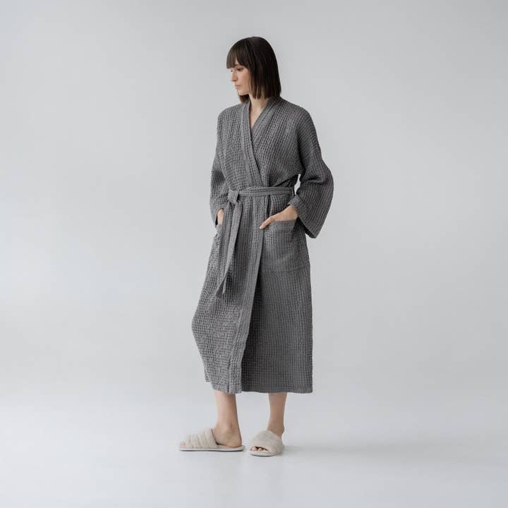 Dark Grey Linen & Cotton Honeycomb Waffle Bathrobe for wholesale by Linen Tales (We cover U.S. import duties)
