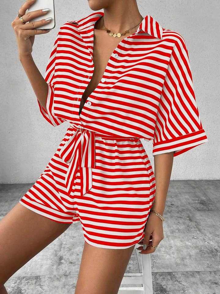 Lily Clothing - Wholesale Romper - Women's - Women’s striped buttoned cardigan romper