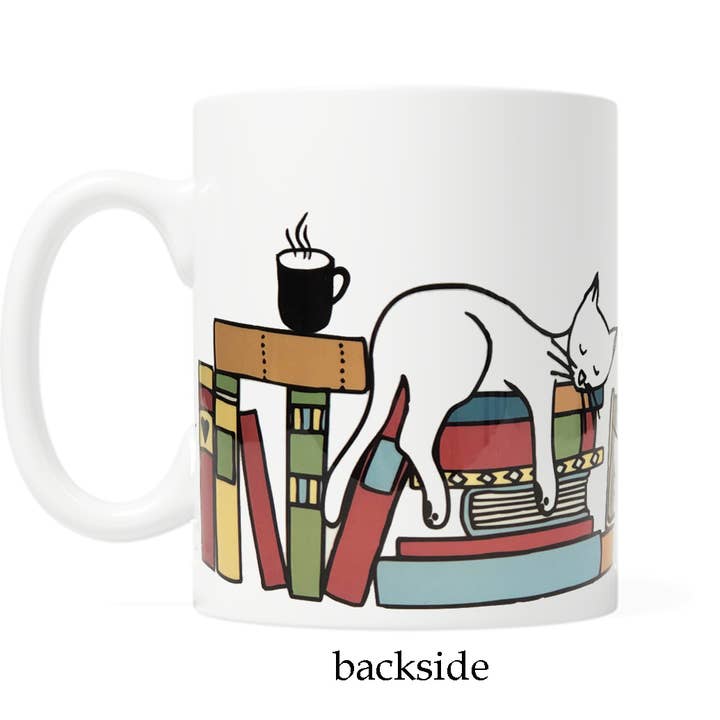 Fly Paper Products - Wholesale Coffee Mug - Book Shelf, Cats & Coffee- Custom Coffee or Tea Mug1