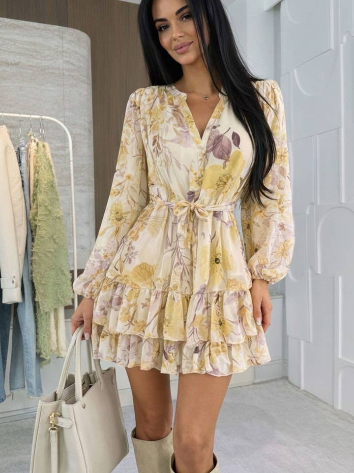 Willow Floral V-Neck Overlay Frill Mini Dress-Yellow for wholesale by Catwalk Wholesale