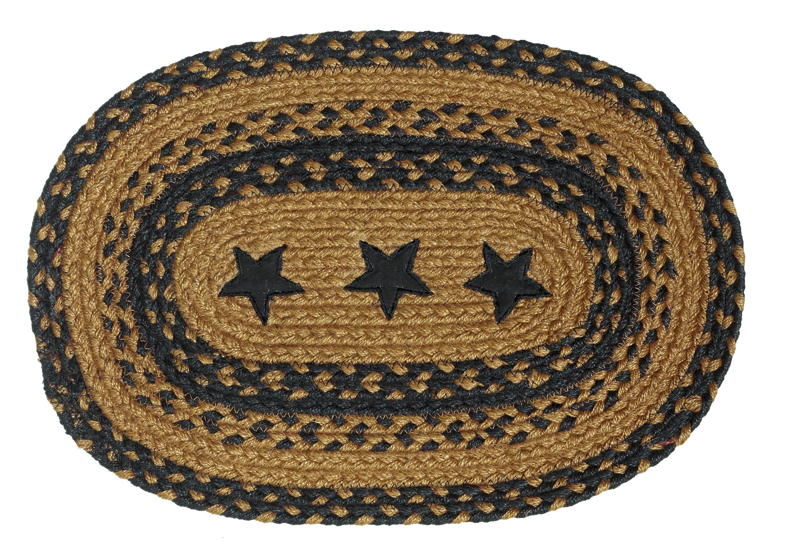 Accent Linen - Wholesale Placemat - Braided Jute Placemats - Star Black Emb. Oval - JB1110