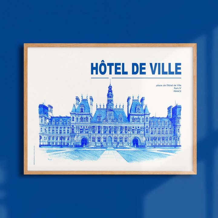 Affiche La Ville En Bleu Hôtel De Ville - LVB0009 pour la vente par Oneart